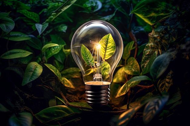 Illustrazione AI generativa di una lampadina ecologica circondata da una foresta Ambiente energetico pulito