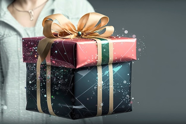 Illustrazione AI generativa di una meravigliosa confezione regalo con carta decorativa e fiocco