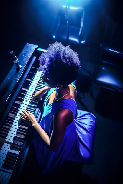 Illustrazione AI generativa di una splendida donna nera con capelli afro blu che canta e suona il pianoforte in un'esibizione studioSigner