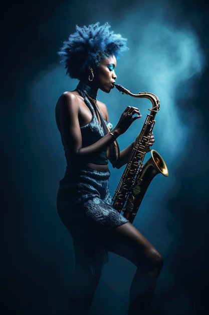 Illustrazione AI generativa di una splendida donna nera con capelli afro blu che canta e suona il saxo in uno studio