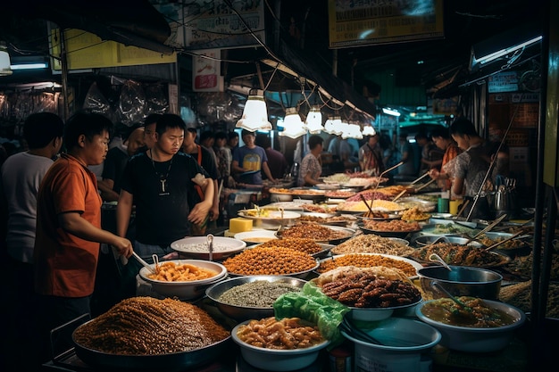 Illustrazione AI generativa di una strada trafficata a Bangkok di notte che mostra le luci al neon colorate che affollano la folla