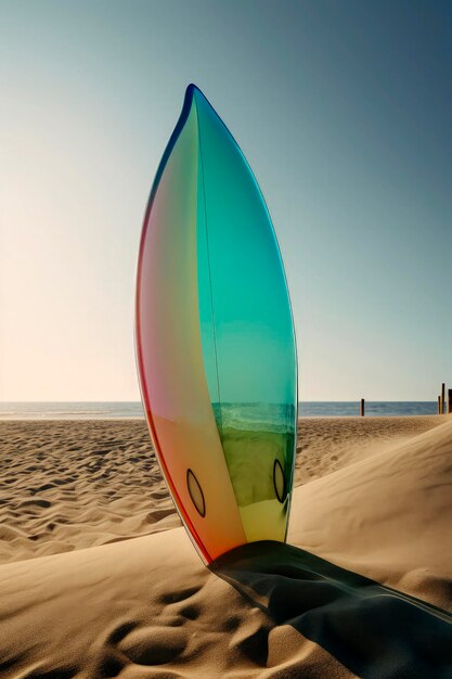 Illustrazione AI generativa di una tavola da surf dai colori vivaci bloccata nella sabbia di una spiaggia durante le vacanze