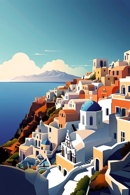 Illustrazione AI generativa di una tipica località balneare mediterranea in una giornata di sole vista dall'alto in stile illustrazione