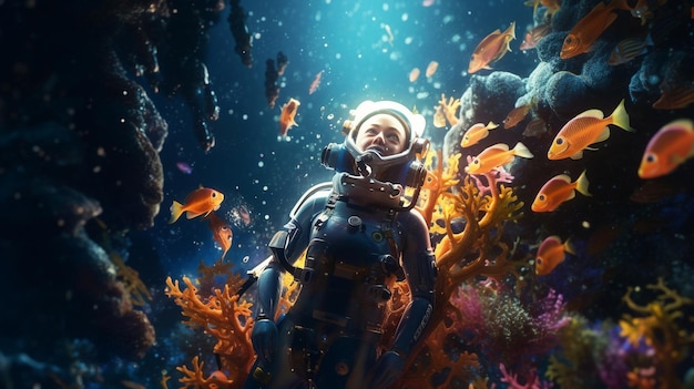 Illustrazione ai generativa giovane donna tuta astronauta scubadiving sott'acqua