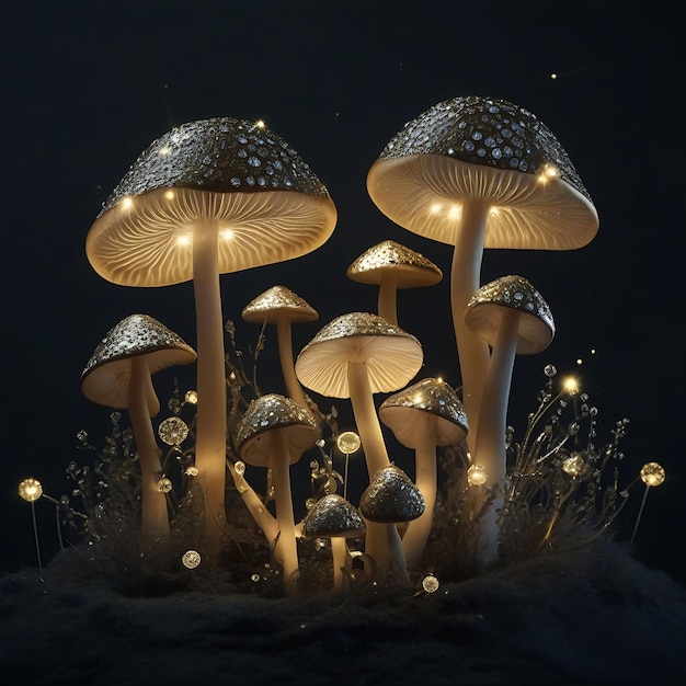 Illustrazione al neon di funghi sullo sfondo scuro generata da AI