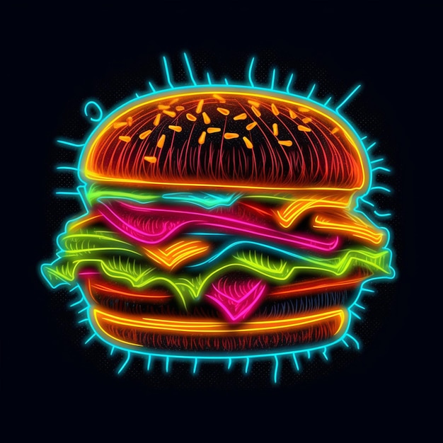 Illustrazione al neon di un hamburger con un panino e formaggio ai generativo