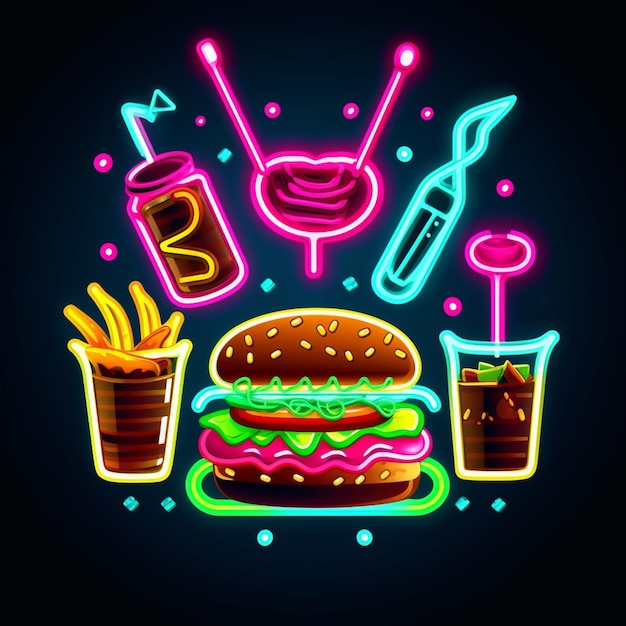 Illustrazione al neon di un hamburger generativo ai