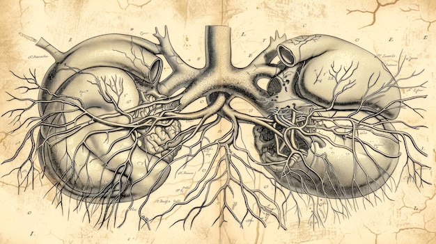 Illustrazione anatomica antica di reni umani