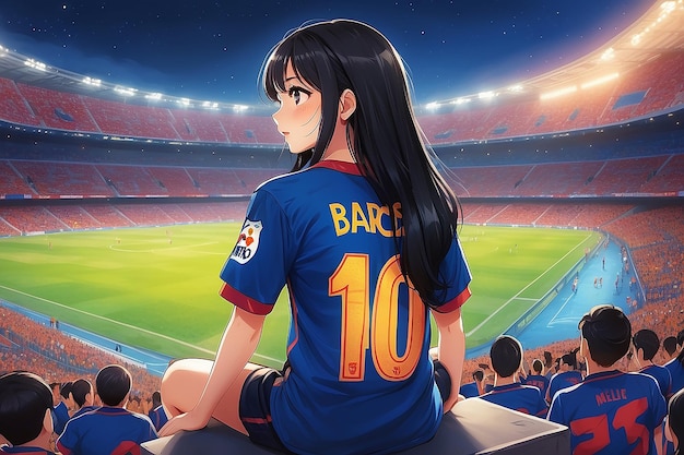 Illustrazione animata Ragazza nella maglia del FC Barca che guarda una partita di calcio