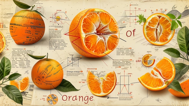 Illustrazione arancione nello stile di un vecchio libro scientifico con infografiche