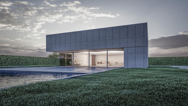 Illustrazione architettonica del rendering 3D di una moderna casa minimale con paesaggio naturale