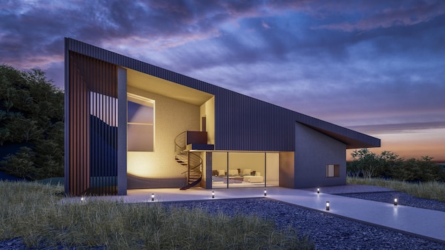 Illustrazione architettonica del rendering 3D di una moderna casa minimale con paesaggio naturale