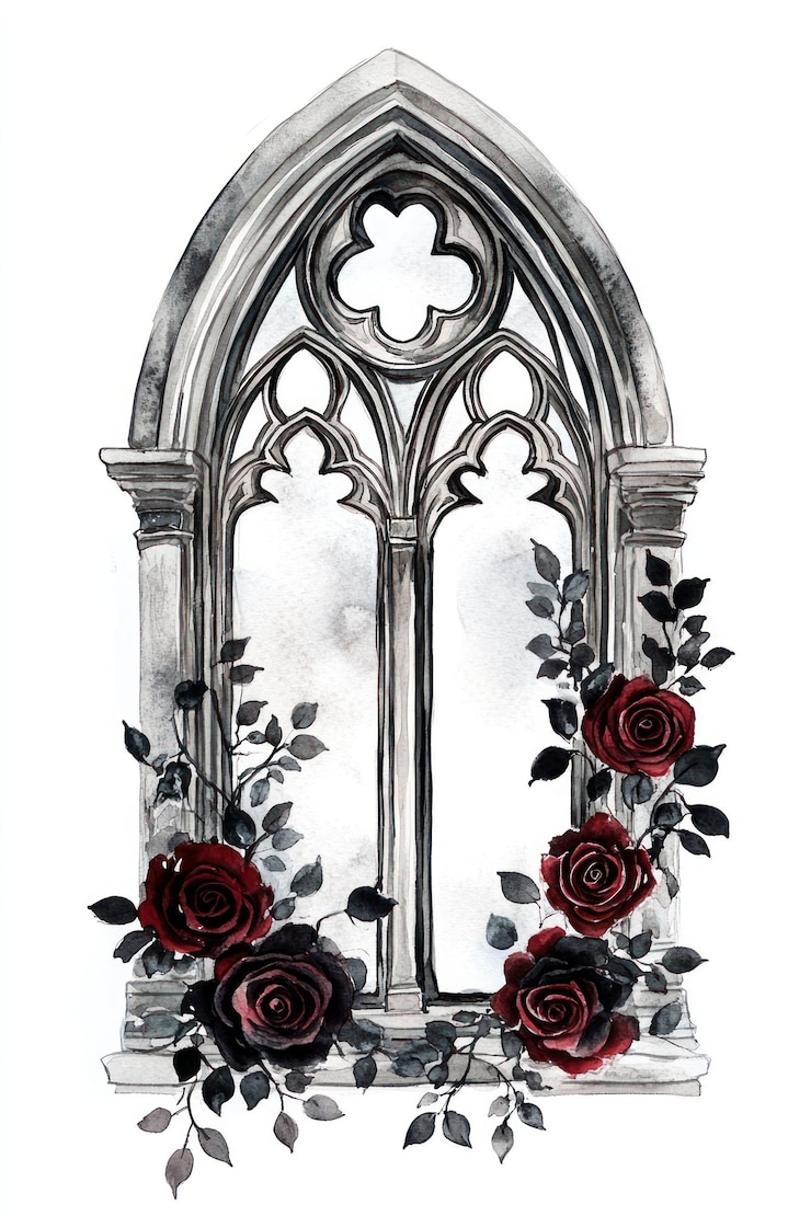 Foto illustrazione architettonica di rose di finestra gotiche
