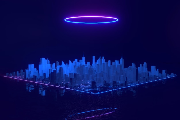 Illustrazione architettura, paesaggio urbano con spazio e effetto luce al neon. Moderno concetto di tecnologia hi-tech, scienza e futuristica. Progettazione digitale astratta della città ad alta tecnologia. illustrazione 3d