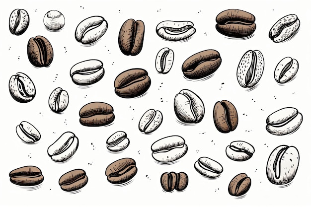 Illustrazione artistica a righe di chicchi di caffè su sfondo bianco