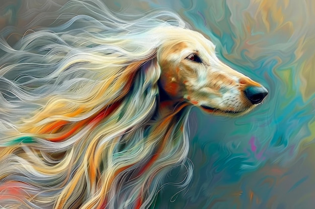 Illustrazione artistica colorata di un elegante cane dai capelli lunghi in tonalità vibranti per un uso creativo