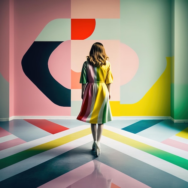 illustrazione artistica di persona e architettura geometria colori e ombre moda