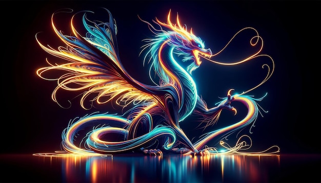 Illustrazione artistica di un drago creato con un telaio di luce al neon vibrante su uno sfondo scuro