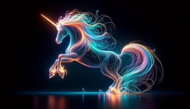 Illustrazione artistica di un unicorno creato con un telaio di luce al neon vibrante su uno sfondo scuro