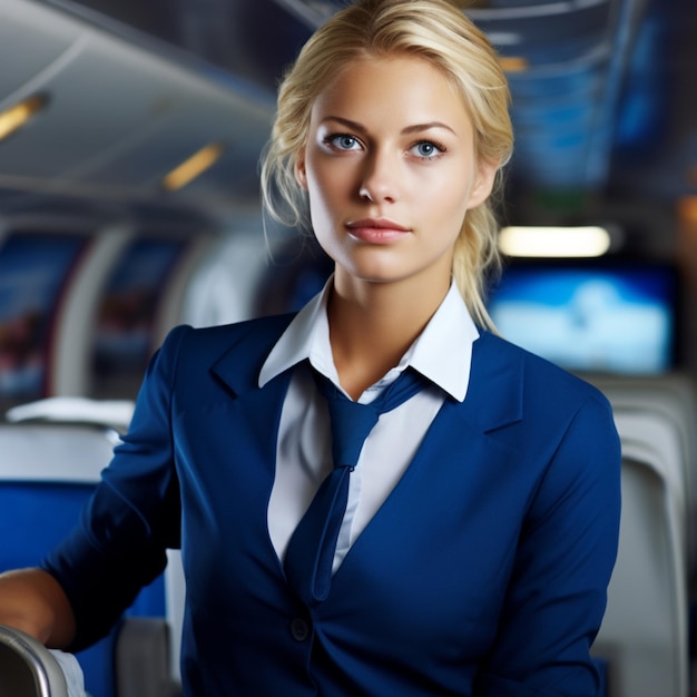 Illustrazione Assistente di volo bionda di generazione AI in uniforme blu