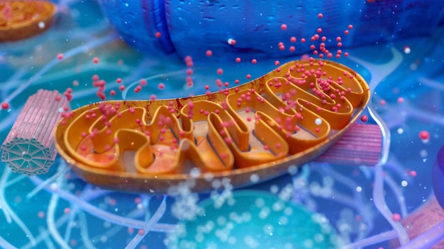 Illustrazione astratta 3D della cellula biologica e dei mitocondri