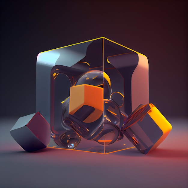 Illustrazione astratta 3d di un cubo con un motivo geometrico su uno sfondo scuro