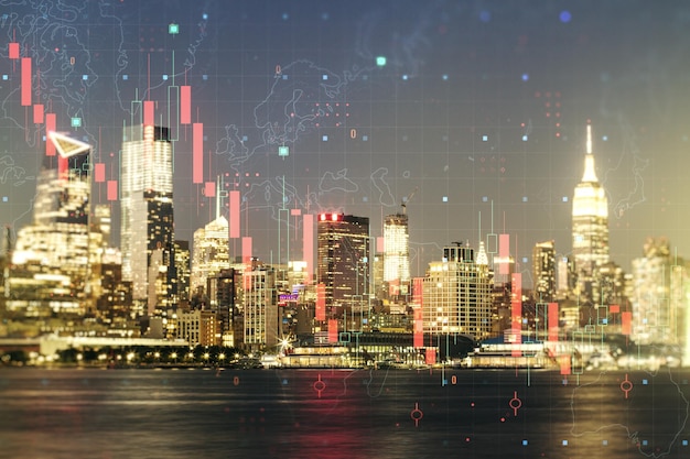 Illustrazione astratta del grafico di crisi virtuale sullo sfondo dello skyline di New York City Crisi globale e concetto di fallimento Esposizione multipla