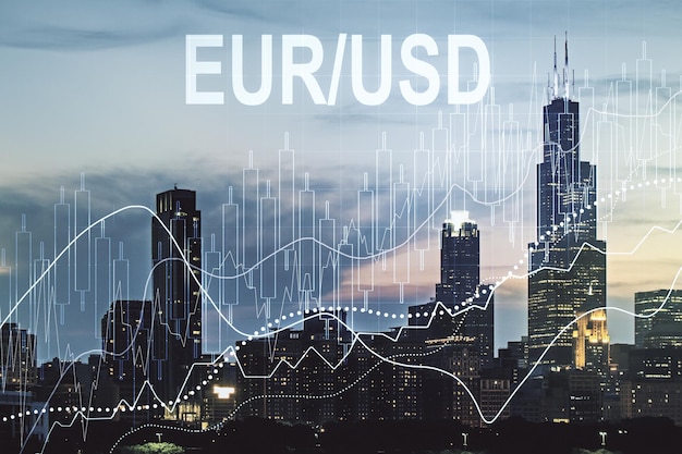 Illustrazione astratta del grafico finanziario virtuale EURO USD sullo sfondo dello skyline di Chicago Trading e concetto di valuta Esposizione multipla