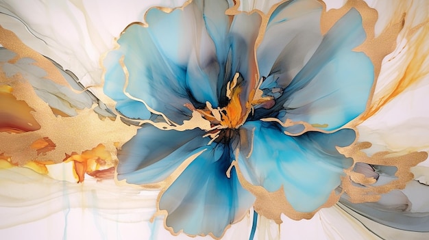 Illustrazione astratta dell'inchiostro alcolico di un fiore con AI generativa blu e oro