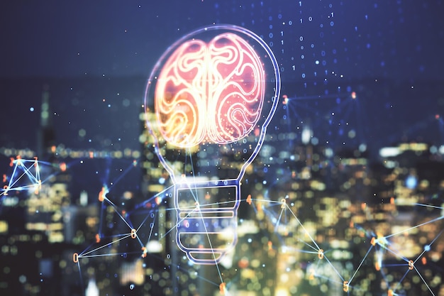 Illustrazione astratta della lampadina virtuale con cervello umano su sfondo sfocato di grattacieli futuro concetto di tecnologia Esposizione multipla