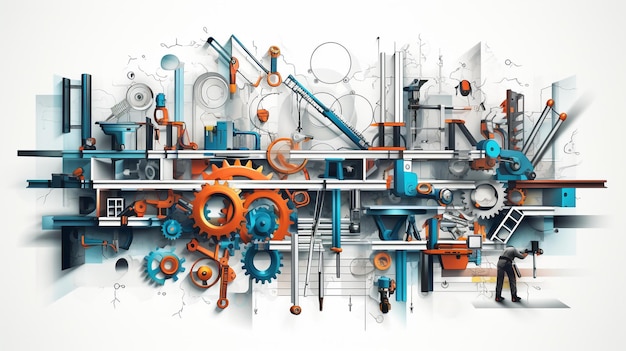 Illustrazione astratta di diversi strumenti di lavoro utilizzati in ingegneria e costruzione AIGenerated