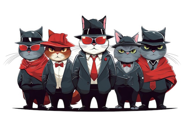 Illustrazione astratta di un divertente gruppo di cartoni animati di gatti gangster