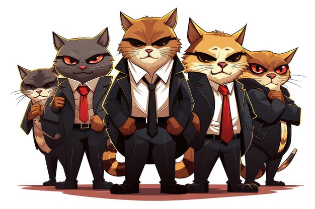 Illustrazione astratta di un divertente gruppo di cartoni animati di gatti gangster