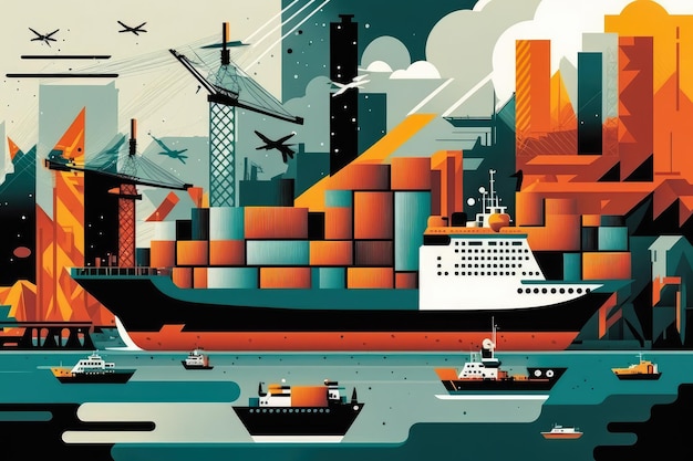 Illustrazione astratta di un porto marittimo trafficato con gru di navi da carico e container contro