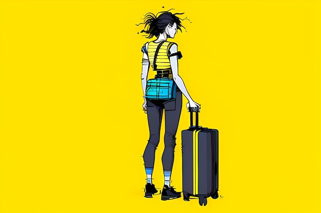Illustrazione astratta donne con valigie e biglietti in fila su sfondo giallo AI