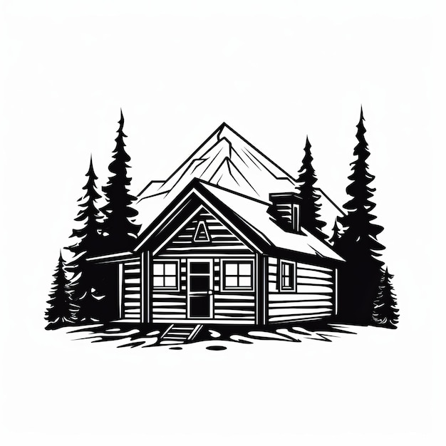 Illustrazione audace di una capanna in bianco e nero in un paesaggio di montagna