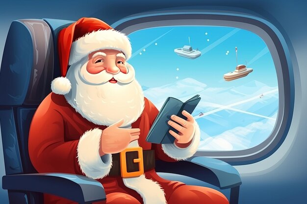 Illustrazione Babbo Natale in aereo con i cittadini Utilizzo di smartphone o tablet