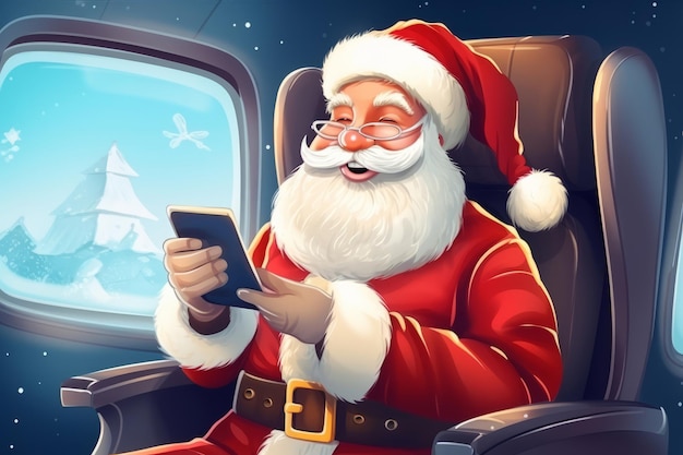 Illustrazione Babbo Natale in aereo con i cittadini Utilizzo di smartphone o tablet