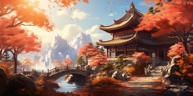Illustrazione Bellissimo autunno nel villaggio cinese Foto di alta qualità AI generativa