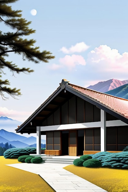 Illustrazione bianca del fondo della carta da parati del paesaggio della natura della costruzione della casa delle nuvole e delle montagne bianche del cielo