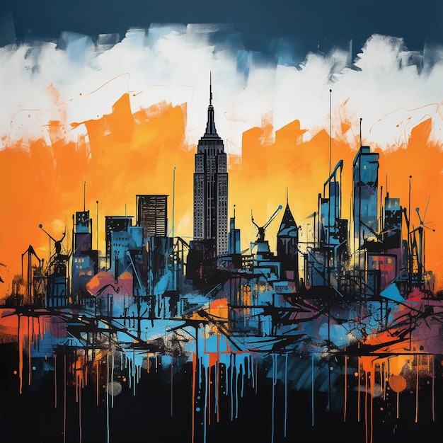 illustrazione blu e arancione del paesaggio dell'orizzonte di New York di stile dei graffiti