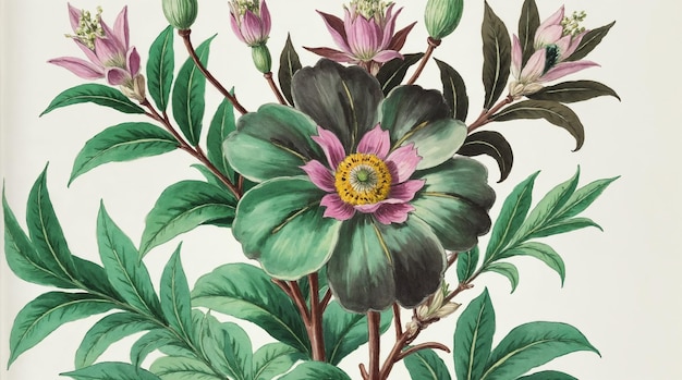 Illustrazione botanica d'epoca di un fiore con foglie verdi e petali rosa