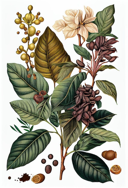 Illustrazione botanica della pianta del caffè Ramo del caffè con frutti e fiori Illustrazione astratta dell'IA generativa