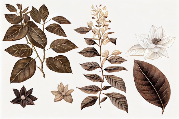 Illustrazione botanica della pianta del caffè Ramo del caffè con frutti e fiori Illustrazione astratta dell'IA generativa