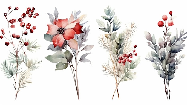 Illustrazione botanica di bellissimi fiori ad acquerello e foglie in bouquet