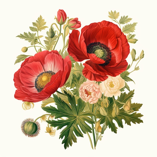 Illustrazione botanica di fiori e foglie in bouquet