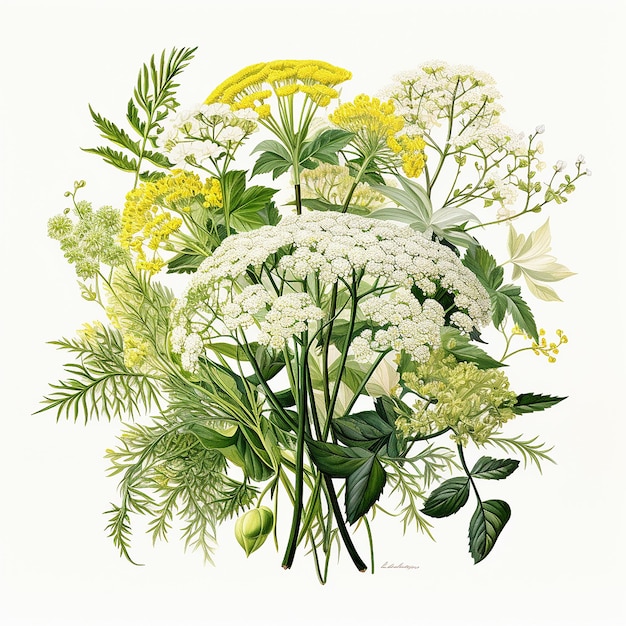 Illustrazione botanica di fiori e foglie in bouquet