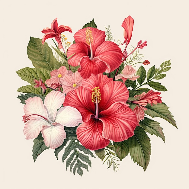 Illustrazione botanica di fiori e foglie sul bouquet