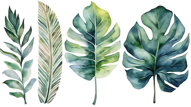Illustrazione botanica tropicale dell'acquerello di Monstera Banana Palm e foglie di felce