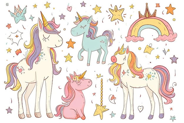 Illustrazione carina del doodle dell'unicorno e motivo senza cuciture isolato su sfondo bianco